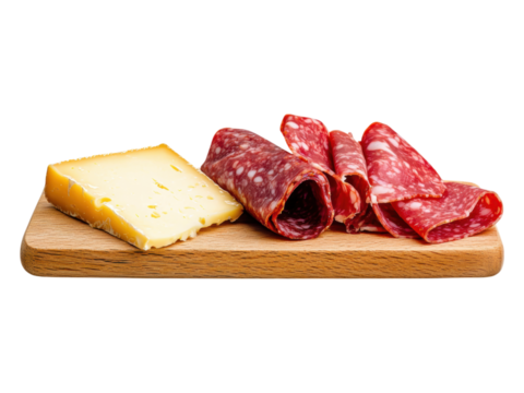 Sliced Cheese and Salami on Wooden Board for Gourmet Snacks