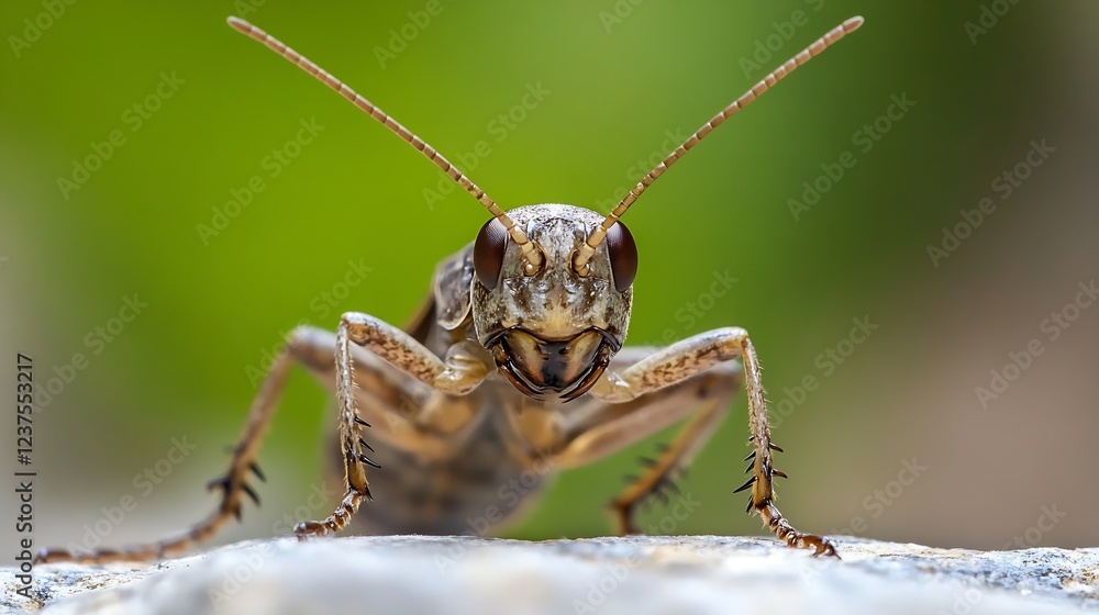 Poster close up detail of a grasshopper in natural habitat on a blurred green background : generative ai
