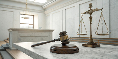 Legal Judge's Gavel and Scales of Justice in the Court Hall for Justice Representation