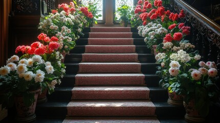 Fototapeta premium Grand Staircase Adorned with Vibrant Geraniums and Dahlias