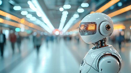 Humanoid Security Robot Guiding People at Modern Airport Terminal Digital Art Futuristic Environment Close-Up View