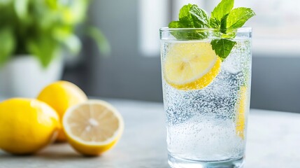 Fototapeta premium Refreshing Sparkling Water with Lemon and Mint in Sunlit Kitchen Setting : Generative AI