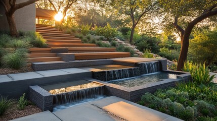 Tranquil Garden Waterfall Surrounded by Lush Greenery and Colorful Flowers Inviting Visitors to Relax on a Wooden Bench for a Peaceful Retreat in Nature's Embracing Beauty