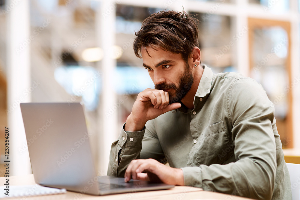 Poster laptop, thinking and business man in office with idea, brainstorming and career insights. creative a