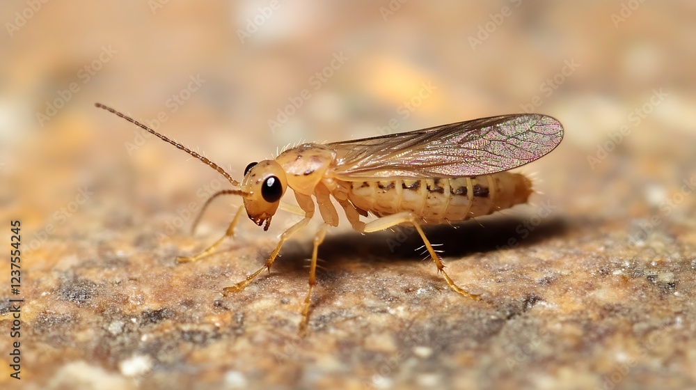 Poster detailed image of small brown insect with transparent wings on rocky surface : generative ai