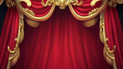 Red velvet stage curtains gold trim, theater backdrop, elegant design