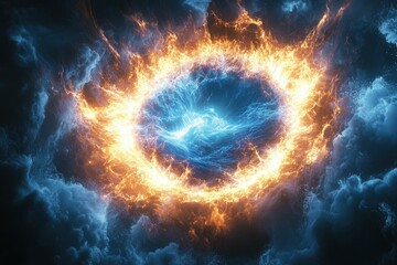 Obraz premium Fiery Cosmic Vortex with Blue Center on Cloudy Sky, Abstract Art, Generated AI