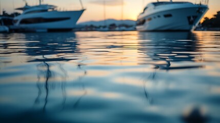 Serene Evening Yacht View with Calm Waters and Sunset Reflections in a Marina Harbor : Generative AI