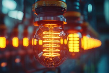 Glowing vintage Edison bulbs in warm light, intricate filament detail, Generated AI