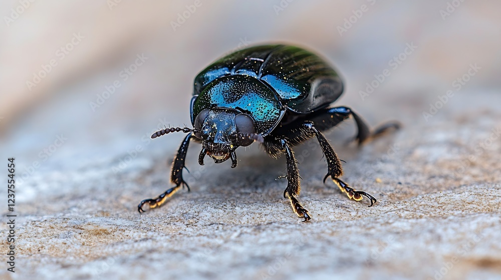 Poster closeup of a shiny black beetle on textured surface in natural light : generative ai