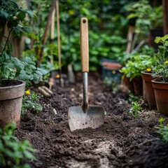 Handheld Gardening Tool in Soil Surrounded by Plants and Pots