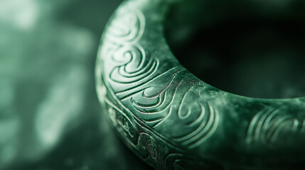 A close-up of a Māori bracelet made of pounamu (greenstone), its smooth, polished surface catching the light