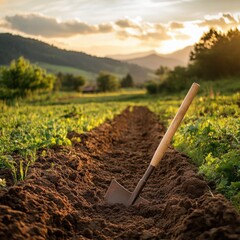 Peaceful Rural Landscape with Garden Bed Under Sunset Sky