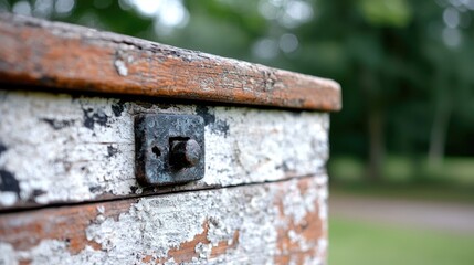 Weathered wooden box, park background, rustic texture, DIY project