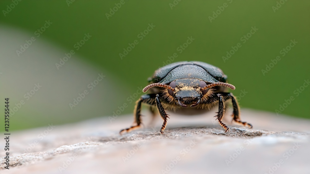 Poster CloseUp of a Beetle on a Smooth Stone with a Soft Green Background : Generative AI