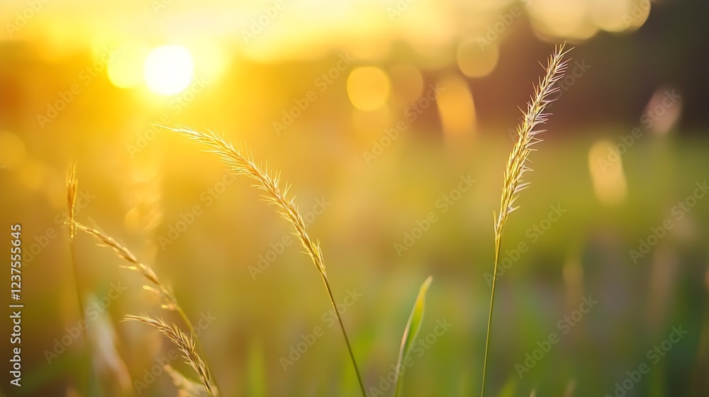 Poster golden sunlight illuminating tall grass in tranquil field at sunset creating a peaceful summer vibe 