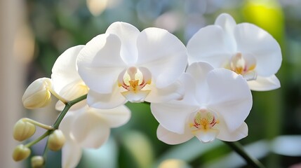 Serene White Orchid Blooms in Natural Sunlit Garden Environment : Generative AI