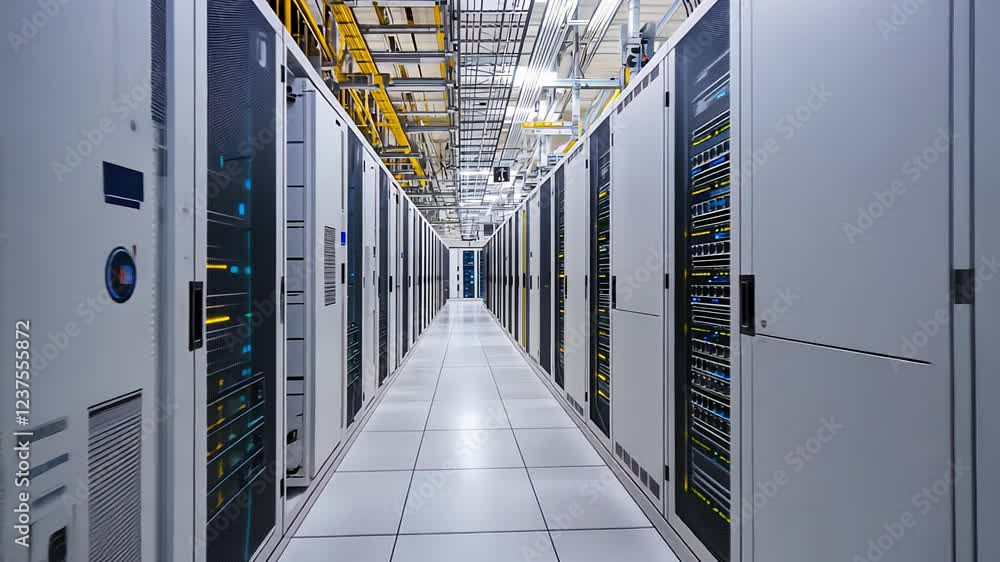 Poster shot of corridor in working data center full of rack servers and supercomputers with internet connec