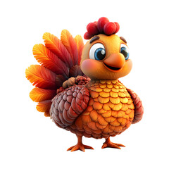 Fluffy 3D Cartoon Thanksgiving Turkey with Big Eye and Red Tail Isolated on Transparent Background
