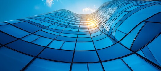 Naklejka premium Modern skyscraper, blue glass facade, sunlight, city. Business, architecture