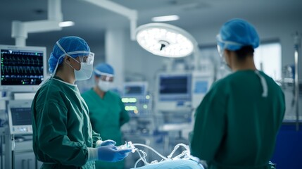 Surgeons in green scrubs performing a complex surgery in a modern operating room with advanced equipment