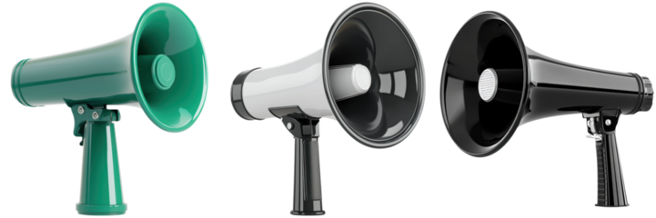 Colorful megaphones in green, white, and black on display