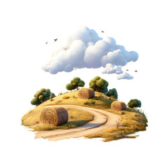 Fluffy 3D Cartoon Countryside Hay Bales on a Small Hill Isolated on Transparent Background