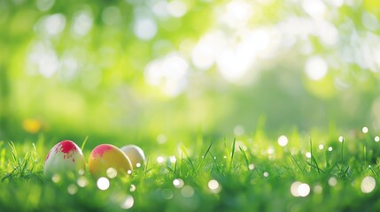 Obraz premium Colorful Painted Eggs on Fresh Grass, Morning Dew Drops Reflect Sunlight, Symbolizing Renewal and Joy of Spring