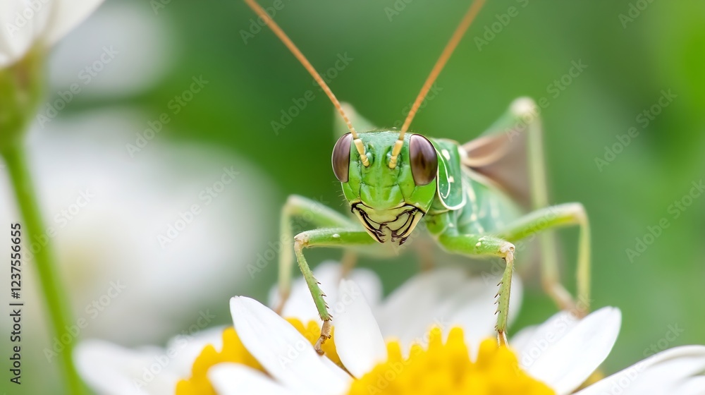 Poster green grasshopper perched on daisy flower in natural setting : generative ai