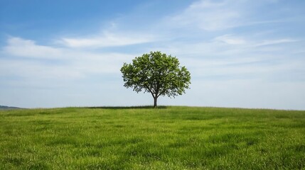 Obraz premium Lonely Tree in Lush Green Field Under Bright Blue Sky Capturing Serenity in Nature : Generative AI