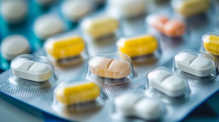 Close Up of Various Pills in Blister Pack for Pharmaceutical Medication Display : Generative AI