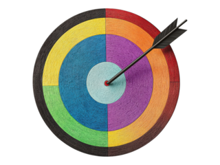Target with arrow hitting the bullseye on colorful dartboard