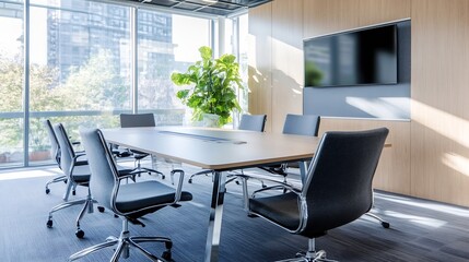 Modern Conference Room with Glass Windows and Green Plant Decor : Generative AI