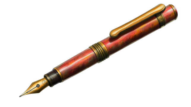 Elegant red and gold fountain pen on transparent background