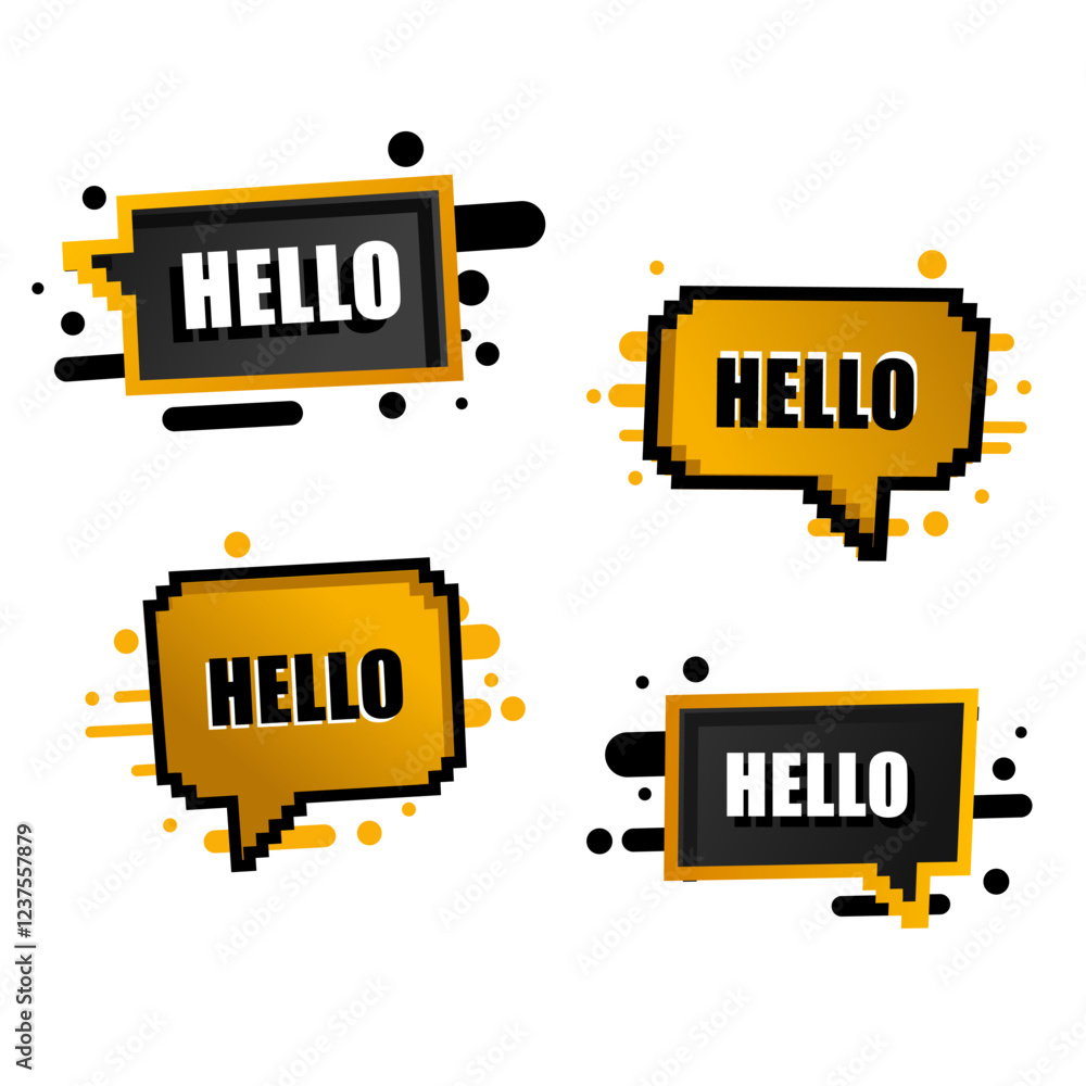 Poster different text bubble designs with pixelated border
