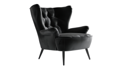 Modern black leather armchair with transparent background for easy integration into projects