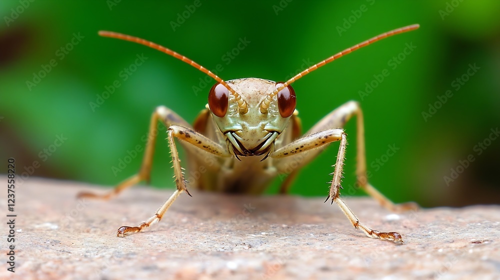Poster green cricket with intricate patterns on stone surface in natural habitat : generative ai