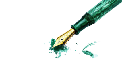 Green and gold fountain pen splashing green ink on transparent background