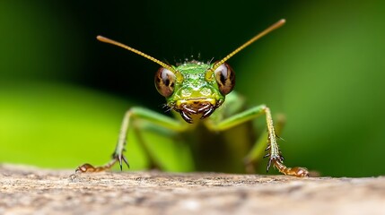 Fototapeta premium CloseUp of Green Mantis with Intense Eyes on a Natural Green Background : Generative AI