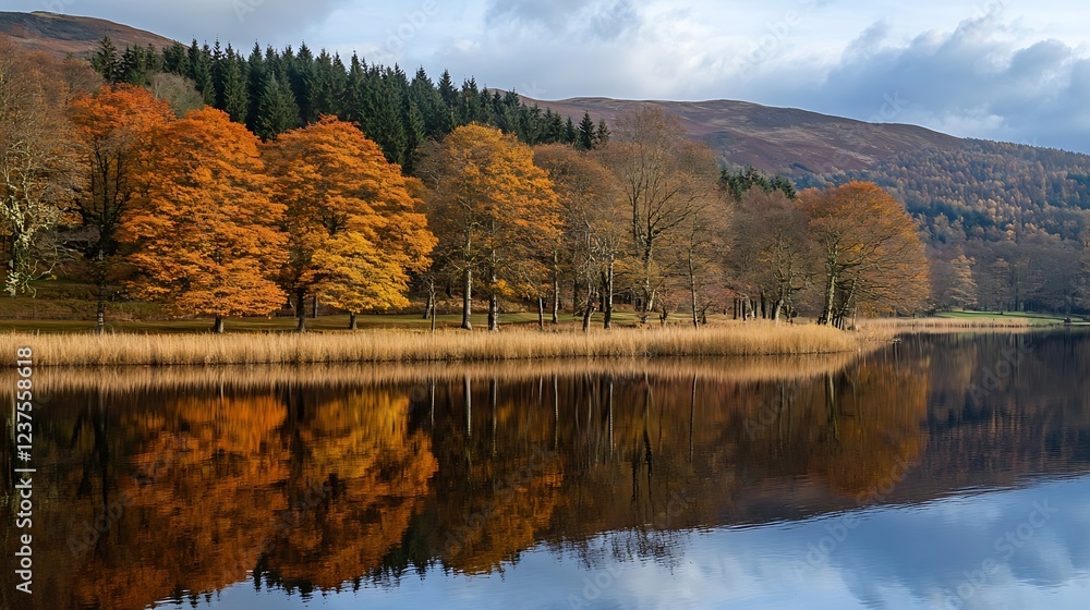 Aufkleber Idyllic Autumn Lakeside View with Colorful Trees and Reflection : Generative AI
