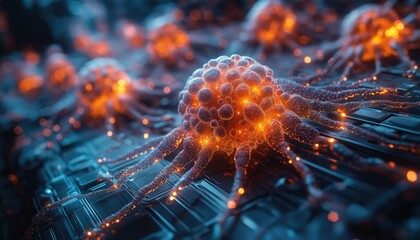 Obraz premium Neural Network Nodes Connecting with Glowing Data Flow on Circuit Board