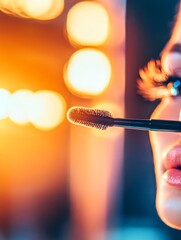 Close-up of a woman applying mascara with glowing light in the background, enhancing beauty
