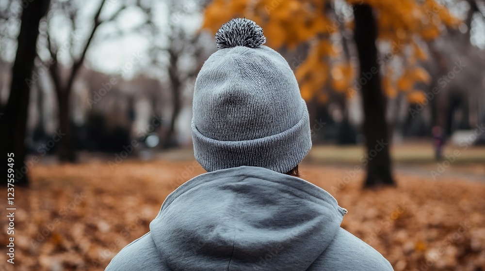 Poster back view of person in warm knitted hat enjoying autumn in park setting : generative ai