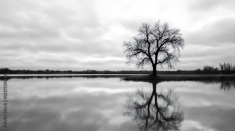 Poster lonely tree on calm lake reflection in black and white photography : generative ai