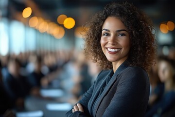 Obraz premium Business Leadership Confident Woman Smiling at Conference Modern Office