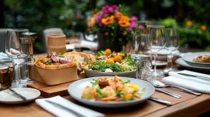 Fototapeta premium A Ramadan feast celebrates with cultural meals and joy. Elegant dining table with colorful dishes and floral centerpiece.
