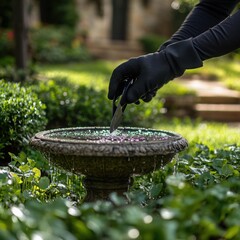Fototapeta premium Serene Garden Scene with Water Fountain and Lush Greenery