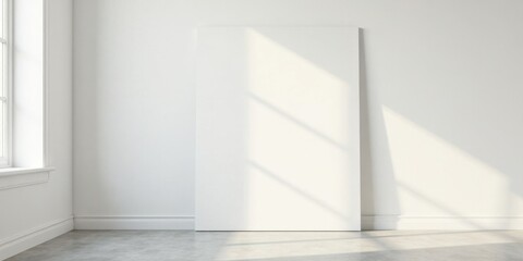 Minimalist Interior Blank Canvas Against White Wall with Sunlight Streaming Through Window