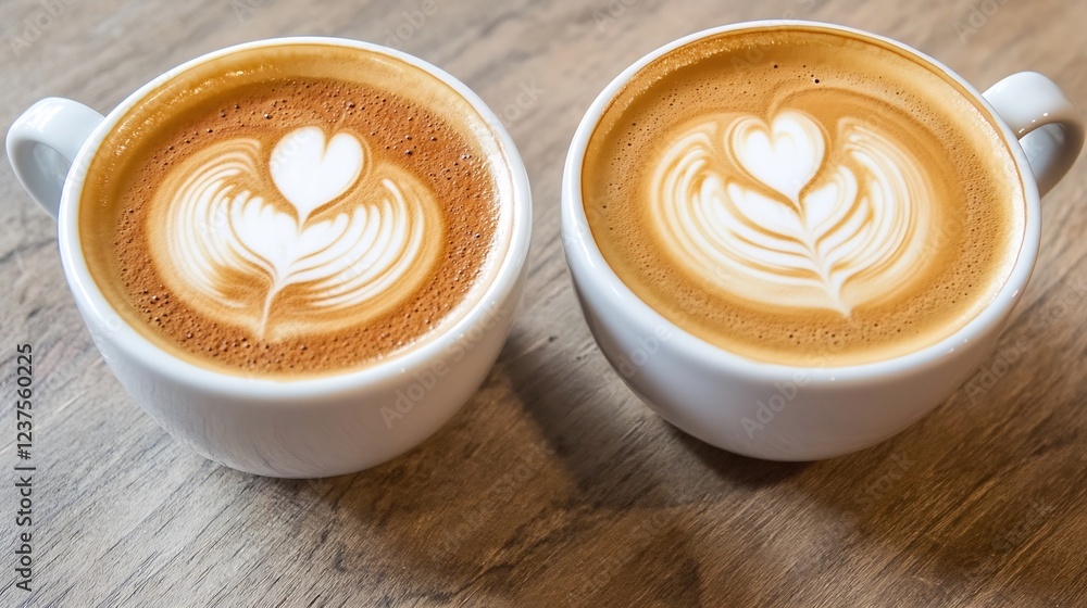 Poster Pair of Cappuccinos Topped with Beautiful Heart Shaped Latte Art on Table : Generative AI