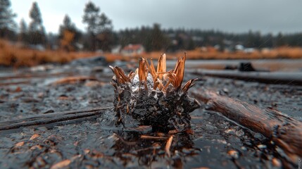 Frozen plant in dark water, mountain background, autumn